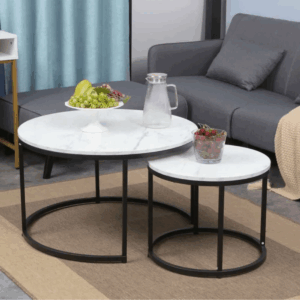 Petrus round coffee tables white marble top with black steel legs (set of 2)