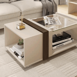 Peer sqaure coffee table off white & dark wood with glass top