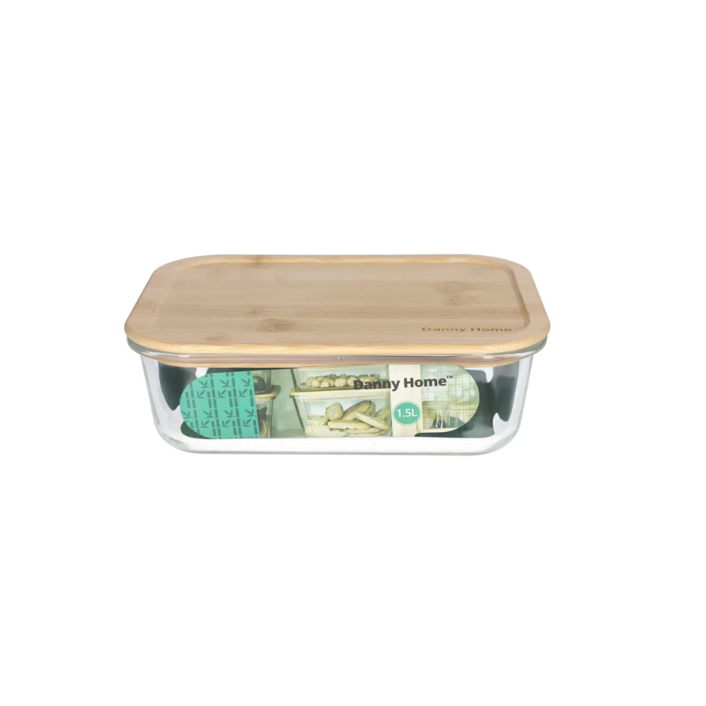 Borosilicate clear glass oval food container with bamboo lid 23cm