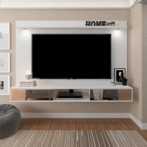 Modern 65" floating tv wall unit white with glass drawers & led lights