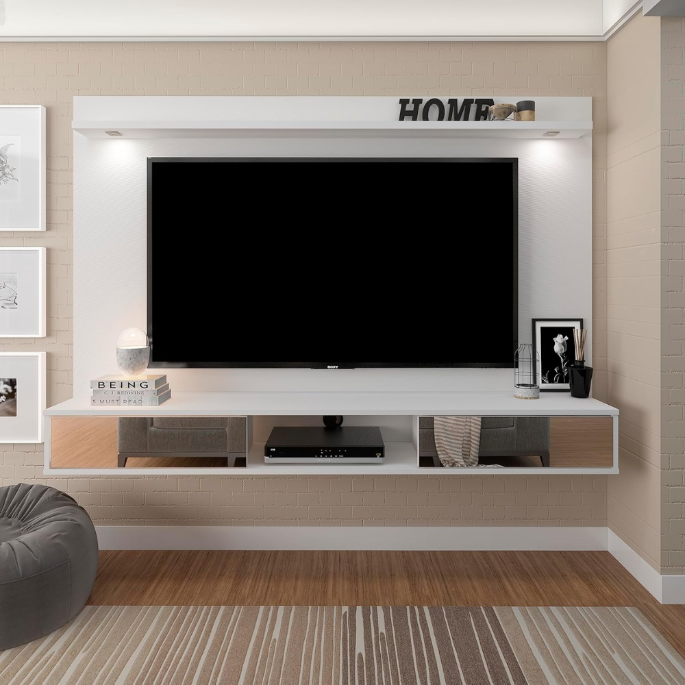 Modern 65" floating tv wall unit white with glass drawers & led lights