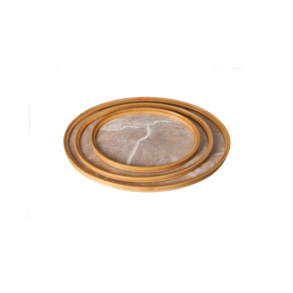 Oval bamboo serving tray 3pc marble & grey and white