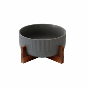 Salad ceramic bowl with acadia wood stand 2pc grey