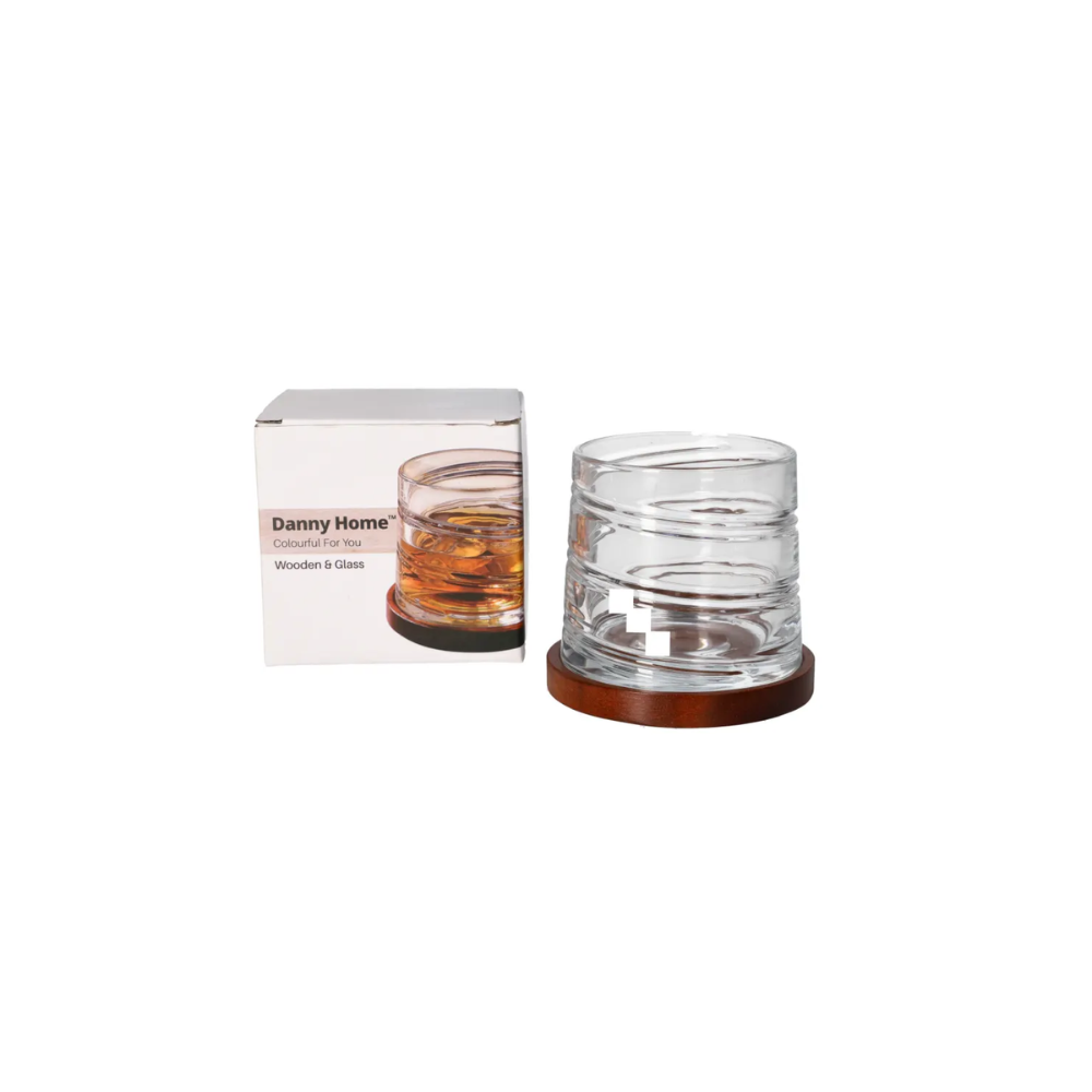 Swirled whisky clear glass with oak wood coaster 320ml - Image 2