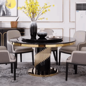 Amy round dining table with black marble top & gold finishes 140cm