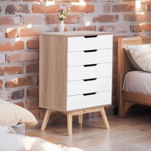 Pam 5 drawer tallboy chest oak & white